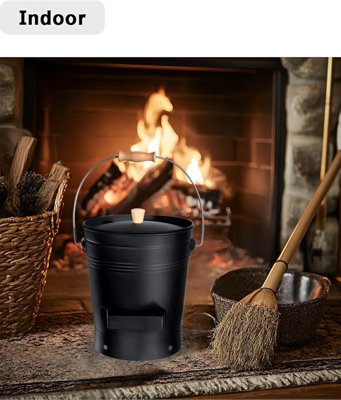 vensovo 2.5 Gallon Ash Bucket with Lid - Shovel, Broom, and Gloves, Heavy Duty Galvanized Iron, Fire-Resistant, Black Finish Perfect for Fireplaces