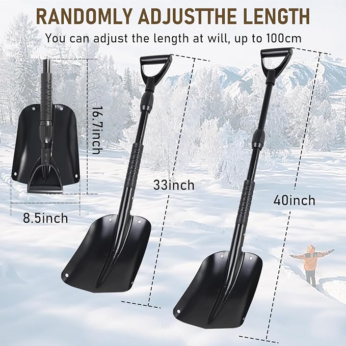 40" Folding Emergency Snow Shovel for Car, Black Aluminum Multi-purpose Shovel with Comfortable D-Grip Handle