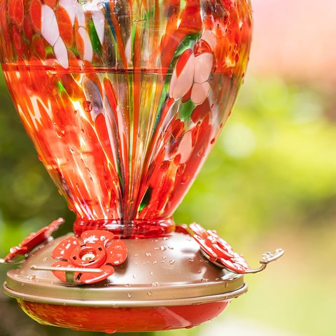 2 Packs Hummingbird Feeder for Outdoors Hanging Ant and Bee Proof, 34OZ Hand Blown Glass Hummingbird Feeders for Outside, Christmas Decoration Gifts for Mom (Blue & Red)