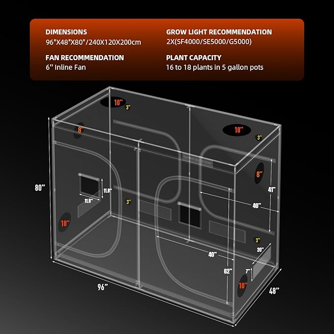 Spider Farmer 8x4 Grow Tent Pro-Grade, 96"x48"x80", with Observation Window and Floor Tray, 1680D Thicken Mylar Canvas, 8x4x6.6 for Indoor Hydroponic Growing for SF4000, SE5000, G5000