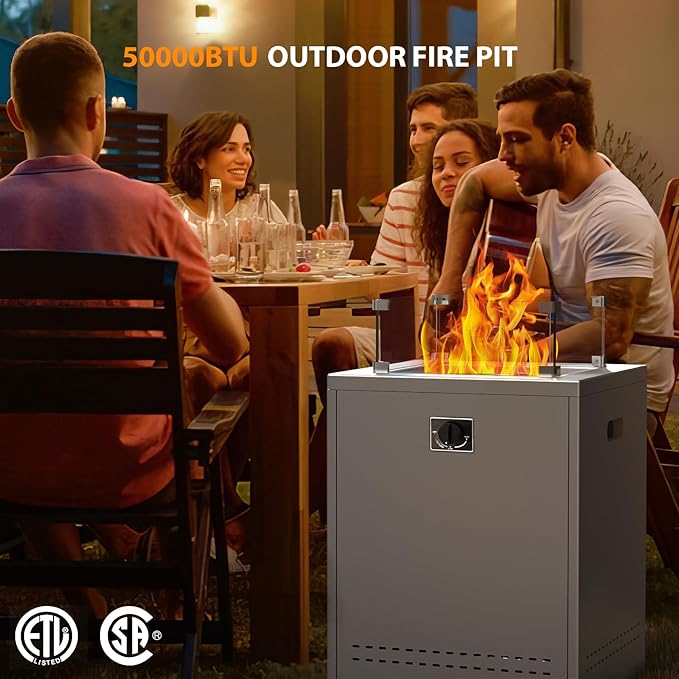 Fire Pit Table Propane Smokeless Fire Pit Outside Heater Patio with Lava Rocks,Glass Wind Guard and Cover,20" Square Fire Pit Table for Balcony Garden Outdoor Camping Deck Backyard,Grey