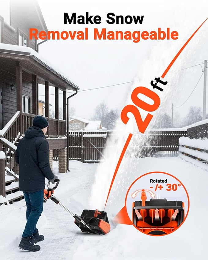 VOLTASK 24V Cordless Snow Shovel, 12.8-Inch Cordless Snow Blower, 4-Ah Battery Snow Blower with Directional Plate & Adjustable Front Handle (Battery & Quick Charger Included)