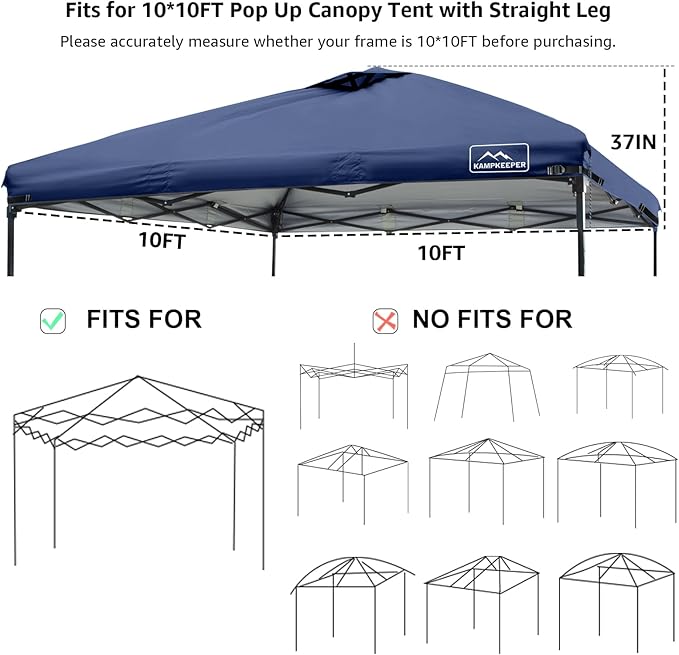 KAMPKEEPER Replacement Top Pop Up Canopy Tent Cover Roof with Air Vent and Adjustable Elastic Strap, Polyester UV Waterproof for Outdoor Garden Patio Sun Shade(Top Only) (Navy Blue, 10x10FT)