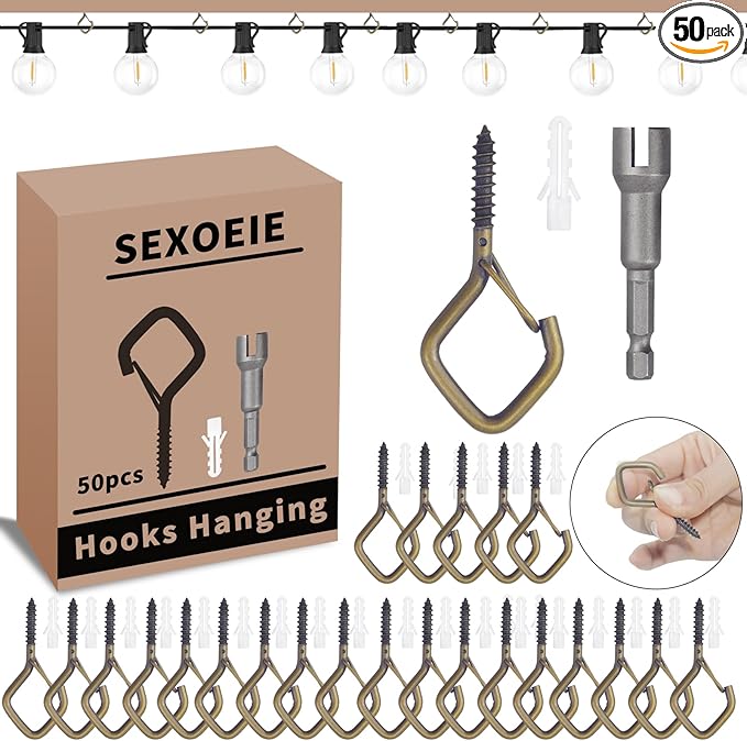 50 PCS Bronze Eye Screw Hooks for Hanging Heavy Duty with Safety Buckle.Metal Ceiling Hooks for Hanging Plants Cup Wind Chime Bird Feeders Patio Lights at Indoor&Outdoor
