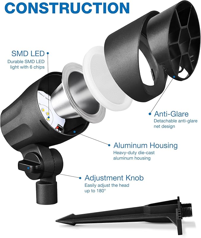 SUNVIE 6W LED Landscape Lights Low Voltage Landscape Lighting with Connectors Warm White Landscape Spotlights Outdoor 12-24V Waterproof Yard Garden Lights Wired Tree Wall Landscape Spotlights, 8 Pack