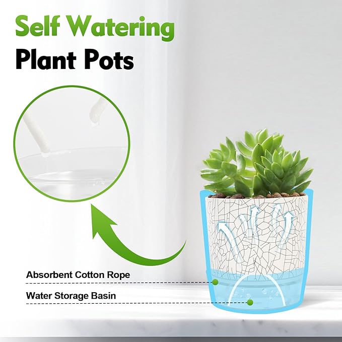 Self Watering Pots for Indoor Plants, 6 & 5 & 4 Inch Stylish Flower Pots, Set of 3 Modern Planters with Self-Watering Feature (Crack Texture)