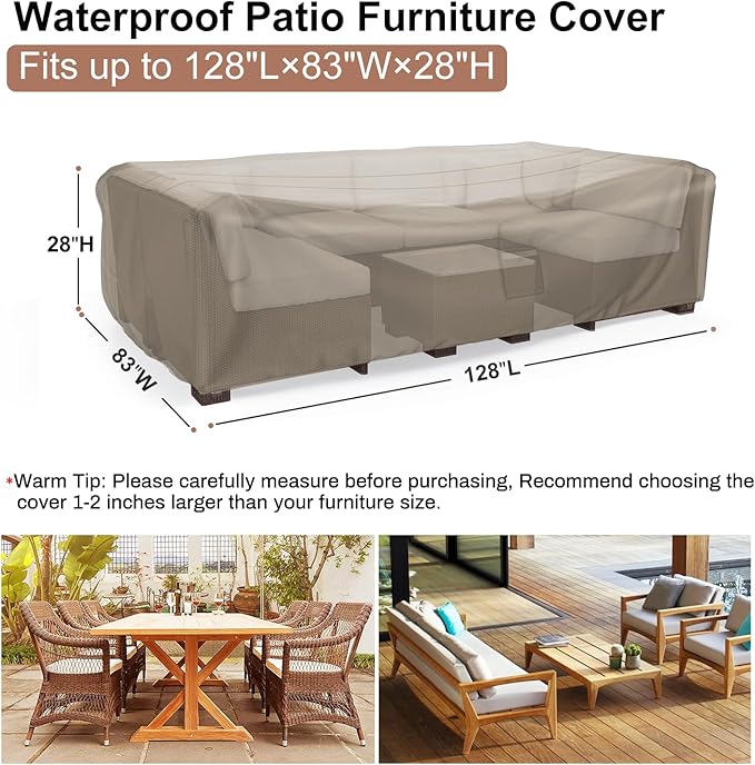 Mrrihand Heavy Duty Patio Furniture Covers, Outdoor Furniture Covers Waterproof Sectional Sofa Set, Patio Table and Chair Set Cover 128" L×83" W×28" H,Brown