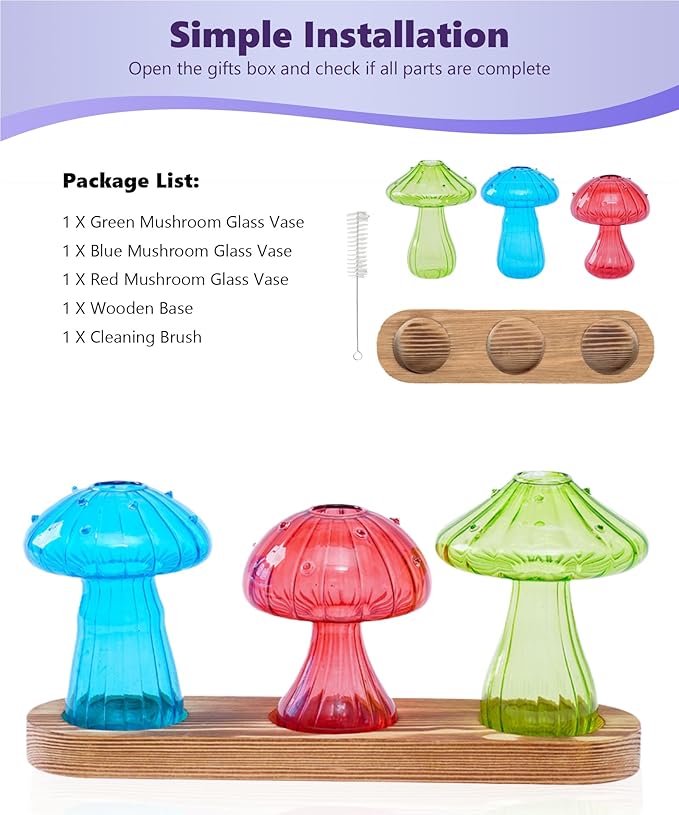 Nacome Mushroom Glass Propagation Station for Plants: Set of 3 Colored Vases Terrarium Kit for Home Office Indoor Hydroponics Decor - Birthday Gifts for Women Mom Grandma