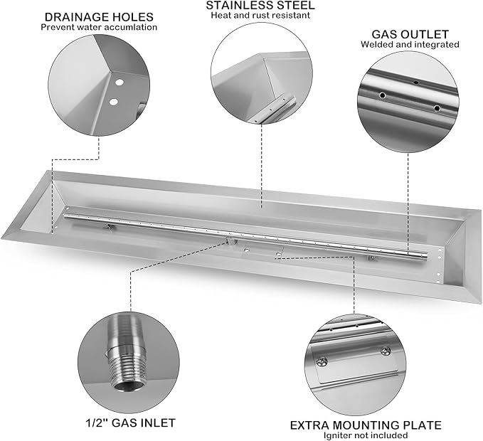 Stanbroil 30 by 6-Inch Drop-in Linear Fire Pit Pan and Burner, 304 Stainless Steel Natural & Propane Gas Firepit for Outside DIY Fire Table, BTU 54, 000 Max