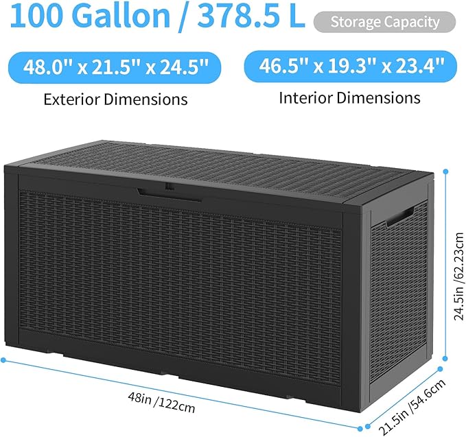100 Gallon Outdoor Storage Box,Large Waterproof Resin Deck Box,Lockable Storage Container with Reinforced Support for Patio Cushions,Garden Tools,UV-ResistantοΌBlack RattanοΌ