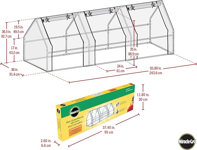 Miracle-GRO Mini Greenhouse 3’ x 8’ x 3’ Outdoor Mini Greenhouse Plant Tent, All-Season Compact Plant Growth Accelerator with PVC Cover and Zipper Panels, Clear
