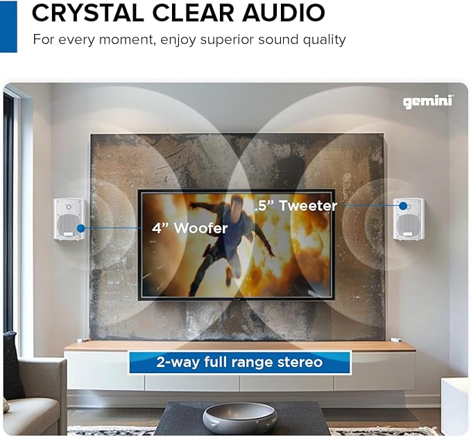 Gemini Sound GHSI-W400BT 4" Outdoor Bluetooth Speakers – Wired Powered IP44 Waterproof Wall Mount Pair, Rust-Proof Aluminum Grills, Expandable to 16 Speakers, Compact Full-Range Stereo (White)