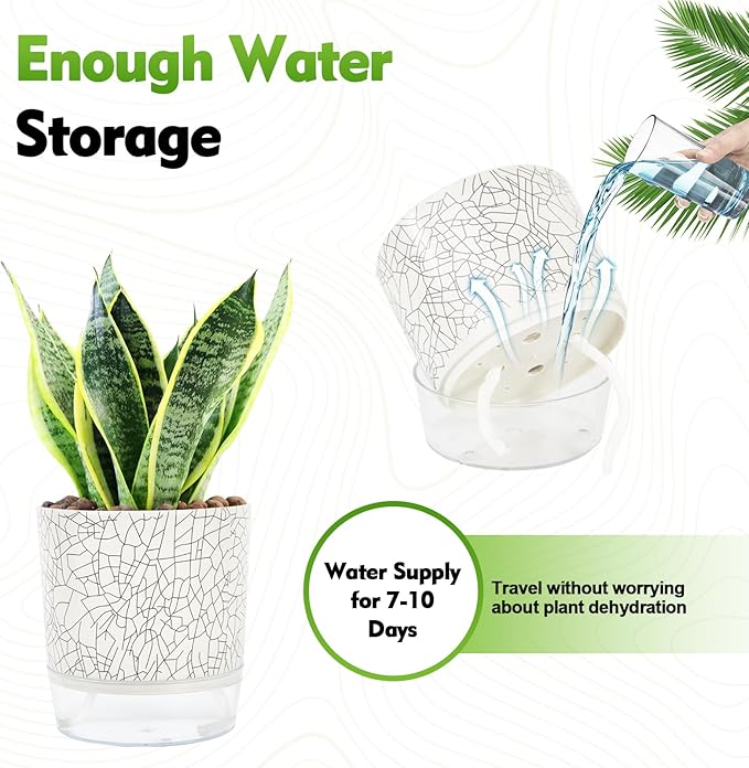 Self Watering Pots for Indoor Plants, 6 & 5 & 4 Inch Stylish Flower Pots, Set of 3 Modern Planters with Self-Watering Feature (Crack Texture)