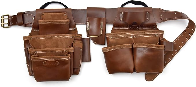 Style n Craft - 4 Piece and 19 Pockets Pro Framer’s Combo, Tool Belt with 2 Tool Pouches and 1 Pliers and Hammer Holder, Full-Grain Leather Carpenter Tool Belt Combo, Dark Tan (98444)