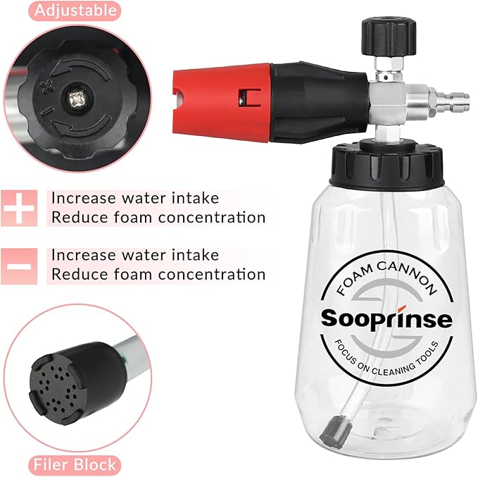 Sooprinse Short Pressure Washer Gun with Foam Cannon, Foam Cannon for Pressure Washer, 1/4 Inch Quick Connector, 5 Nozzle Tips with Car Wash Mitt, 1 Liter