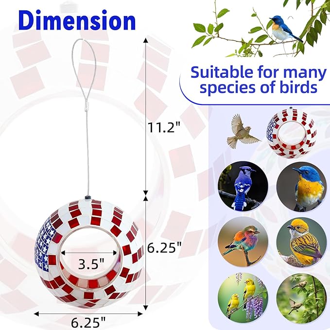 VOREEN Mosaic Bird Feeder, American Flag Design, 6.25" Round Glass Fly-Through Birds Feeder for Outdoor Hanging, Garden, Yard, Backyard, Gift for Mom Wife Friend, 4th of July Decor