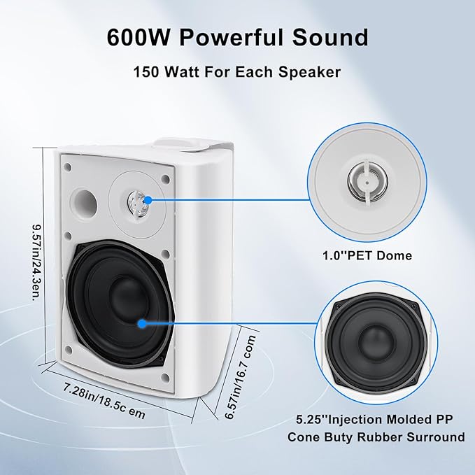 STUDIOFINIX 5.25 Inches Outdoor Bluetooth Speakers Waterproof 600 Watts Perfect for Indoor- Outdoor Patio Porch Wall Mount System (4 Speakers,White)