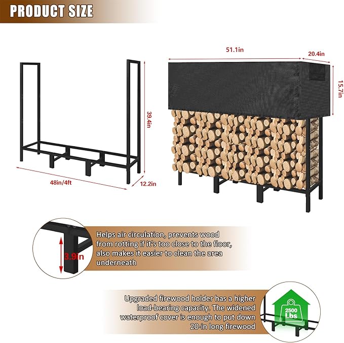 KYATE 4ft Firewood Rack Outdoor with Adjustable Cover Fireplace Wood Storage Indoor Heavy Logs Stand Stacker Holder Strong Lumber Racks Outside for Courtyard Patio