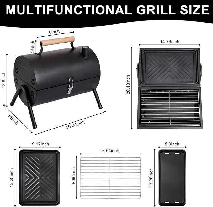 Supernal Portable Charcoal Grill,Tabletop Charcoal Grill,BBQ Grill for Outdoor Cooking Camping,Picnics,Backyard,Balcony-Black,2 Carbon Tank,2 Baking Net,1 Baking Pan