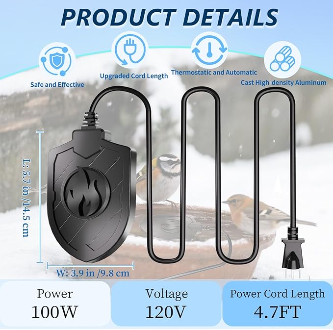 Bird Bath Heater for Outdoors in Winter, 100W Birdbath Water Heater Submersible for Winter Full-Covered Aluminum, Heated Bird Bath Deicer Thermostatic Control for Yard Patio Small Pond(Black)