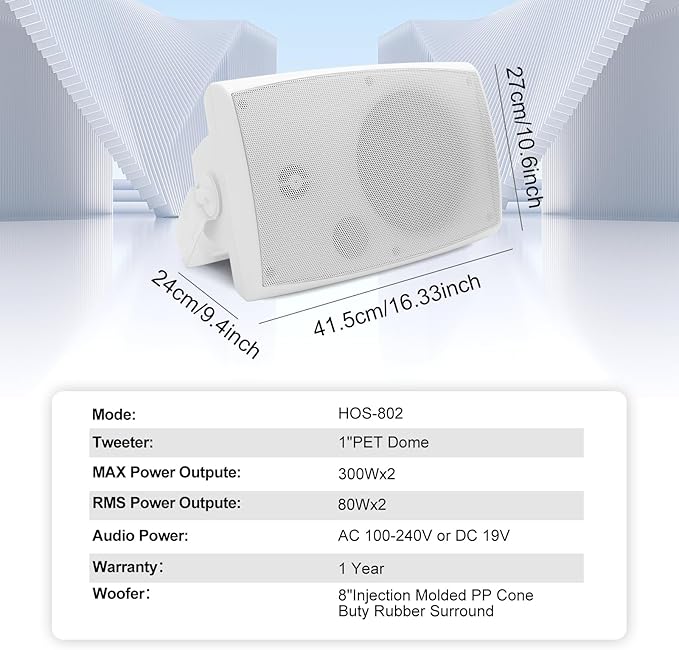 STUDIOFINIX 8-Inch 600W Passive Outdoor Speakers, IP44-Rated Waterproof, Wired Connection, Wall-Mountable All-Weather Speakers for Patio, Indoor, Deck, Yard (1 Pair, White)