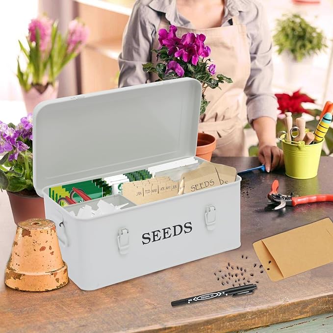 Seed Storage Organizer, 4 Compartment Seed Storage Box with Safety Lock, Metal Seed Box Container with 2 Pens, 20 Plant Labels and 50 Seed Envelopes for Seed Packet & Small Garden Tool, White