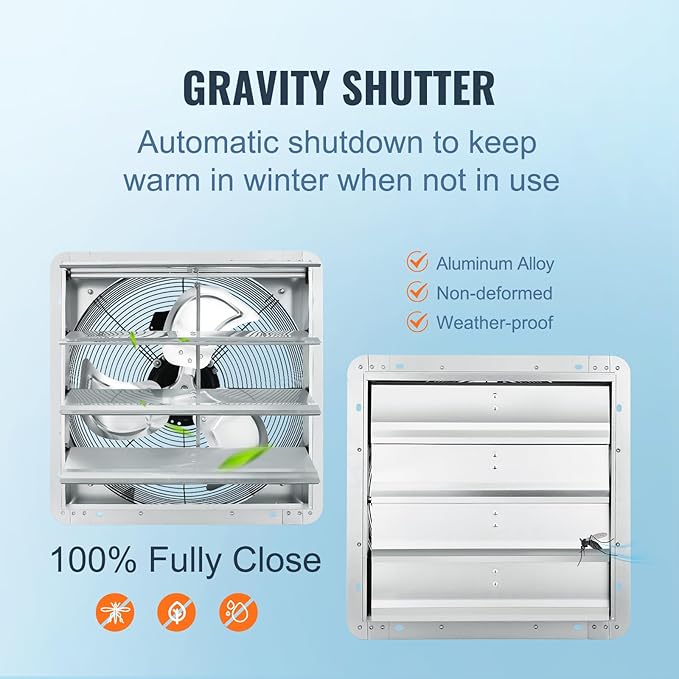 VEVOR Shutter Exhaust Fan, 16'' with High Speed, AC-motor, 2000 CFM, Wall Mount Attic Fan, Ventilation and Cooling for Greenhouses, Garages, Sheds, FCC