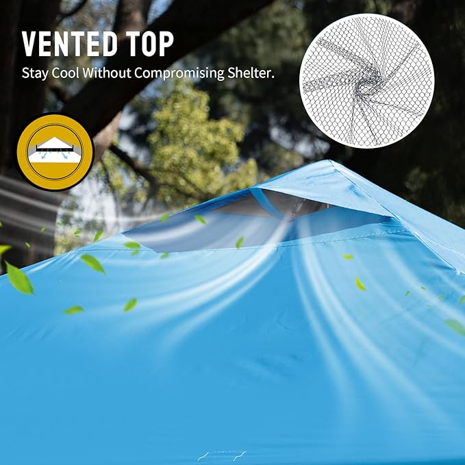 Crown Shades 10x10 Pop Up Canopy - Beach Tent with One Push Setup - Outdoor Sun Shade for Events, Parties, Camping - Gazebo with STO-N-Go Cover Bag, Silver Coated Top, 3 Height& 4 Sand Bags, Sky Blue