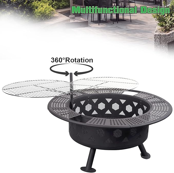Bettermade 32 Inch 2 in 1 Large Camping Fire Pits for Outside with Cooking Grill and Fire Poker, Outdoor Fire Pit, Wood Burning Firepit for BBQ, Warm up, Patio, Bonfire, Camping, Picnic