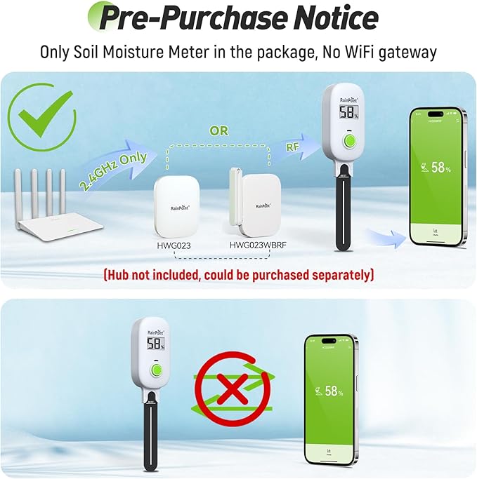RAINPOINT Smart Digital Wireless Plant Moisture Meter Houseplant Indoor,WiFi Hub Needed,Capacitive Probe,Leave-in Soil Hygrometer Sensor,Real-time Monitor Outdoor Greenhouse Gardening(Two-Pack Set)
