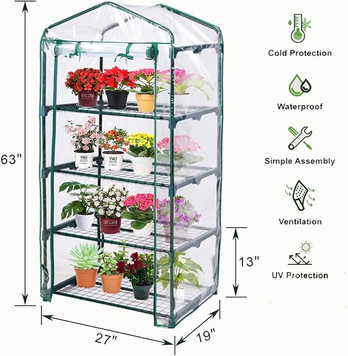 Mini Greenhouse for Indoor Outdoor, Plant Green House 4-Tier Rack Stand Portable Greenhouses with Durable PVC Cover for Seedling, 2.5x1.6x5.2 FT,Ideal Gardening Gifts for Women Men(PLGH704P)