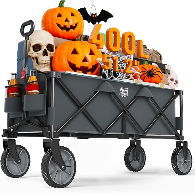 Timber Ridge 51.2'' Extended Collapsible Wagon Cart, 500LBS Heavy Duty Foldable Utility Wagon with Adjustable Handle, 400L Capacity Portable Cart with Cargo Net for Camping Sports Shopping-Grey