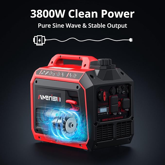 3800W Portable Inverter Generator, Gas Powered, Digital Display, Super Quiet and Lightweight Generator for Camping, Home Emergency Use, Tailgating, RV Ready, EPA Compliant