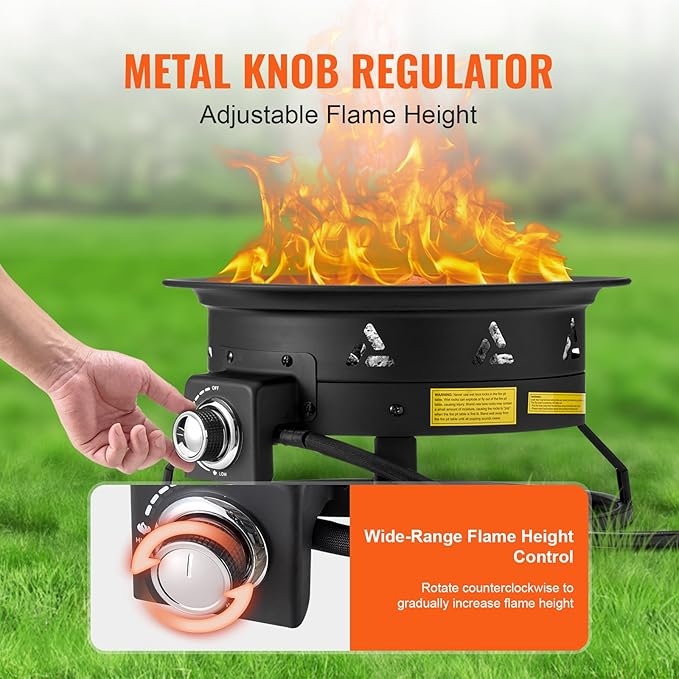 VEVOR Portable Propane Fire Pit, 19-Inch Diameter Outdoor Gas Fire Pit with Cover & Lava Rocks, Adjustable Flame Height Camping Firepit for Heating, Lighting, Gathering, 58,000 BTU, Black