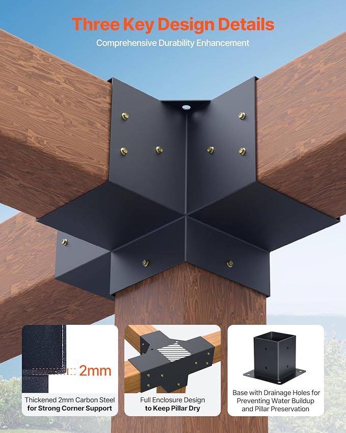 VEVOR Pergola Kit, 4x4 Inch Pergola Brackets for 3.5x3.5 Inch Wood Beams in Actual Dimension, 3-Way (4 Pcs) and 4-Way (2 Pcs) Gazebo Brackets with 6 Post Bases, for Outdoor Pergolas, Gazebos, Sheds