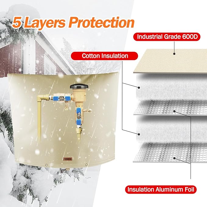 TOHONFOO Backflow Preventer Pipe Insulation Cover (5°F) - Irrigation Sprinkler Valve Insulated Pouch - Water Well Pump Cover - Sturdy 5 Layers for Winter Freeze Protection, 30" W x 24" H, Beige