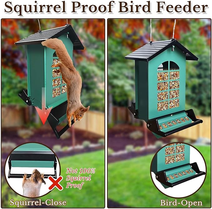 Bird Feeder Squirrel Proof, Hanging Metal Bird Feeders for Outdoors, 6LBS Large Capacity Weight-Activated Perches Wild Birdfeeder for Blue Jay, Cardinal, Garden