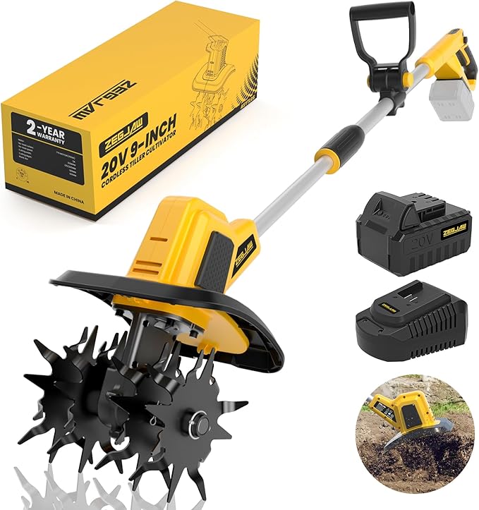 20V Cordless Electric Garden Tiller Cultivator, 9-Inch Tilling Width, 6.6-Inch Depth Rototiller for Soil Cultivation, Lawn, Gardening, Lightweight Tiller Includes 4.0Ah Battery and Charger