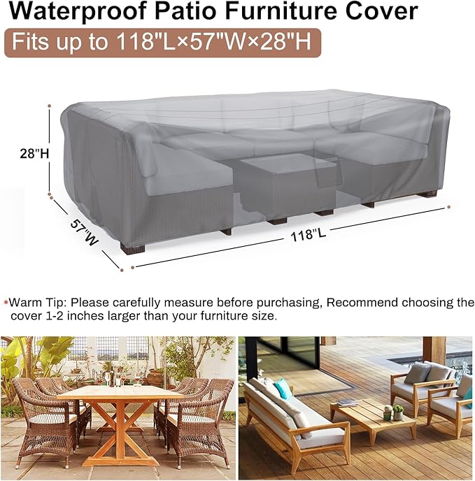 Mrrihand Heavy Duty Patio Furniture Covers, Outdoor Furniture Covers Waterproof Sectional Sofa Set, Patio Table and Chair Set Cover 118" L×57" W×28" H,Grey