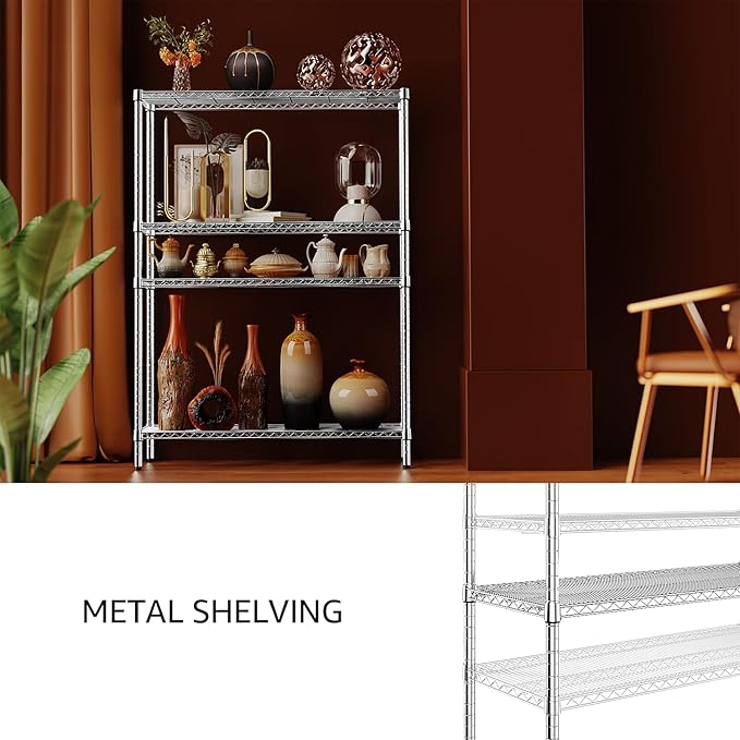 IZEUK 3400 LBS Garage Shelving Wide Storage Shelves 4 Tier Metal Shelves Heavy Duty Adjustable Utility Shelf Rack Chrome 17.7" D x 59.1" W x 70.4" H