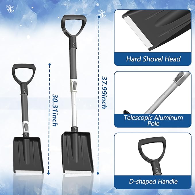 Car Snow Brush and Ice Scraper, 3-in-1 Extendable Snow Shovel with Wide Head Snow Shovel and Ice Scraper 180° Pivoting Snow Brush Head for Car Windshield, Durable Snow Remover with Foam Grip