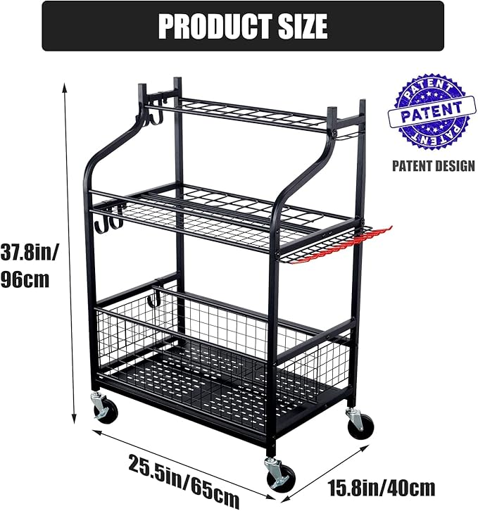 Mythinglogic Garden Tool Organizer for Garage, Yard Tool Rack with Wheels, Garage Organizers and Storage Holder for Yard Tools (Deluxe Tower)