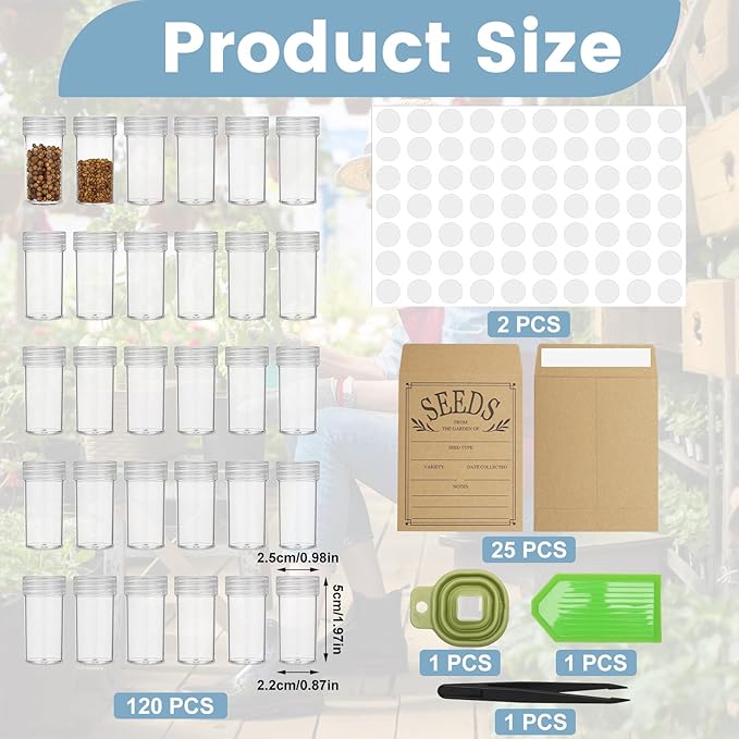 120 Slots Seed Storage Box with 25 Envelopes and Tools, Large Sturdy Storage Organizer for Garden Plant Seeds, Seed Bank with Zipper, Label, Funnel, Tweezers, Tray (Seeds Not Included)