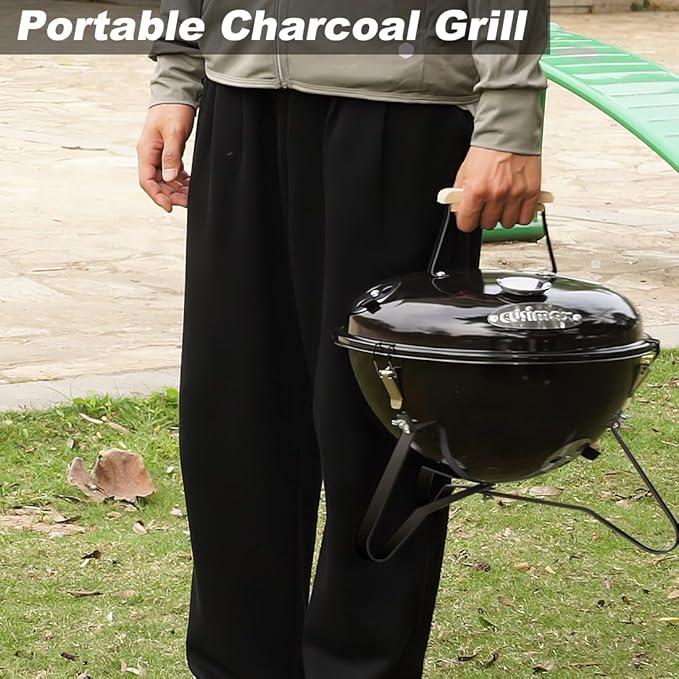 Charcoal Grill, CUSIMAX 14.5'' Portable BBQ Grill, Outdoor Mini Grill, Lid with Integrated Thermometer and Wooden Handle, Tabletop Grill for Camping Backyard and Anywhere Outdoor Cooking, Black