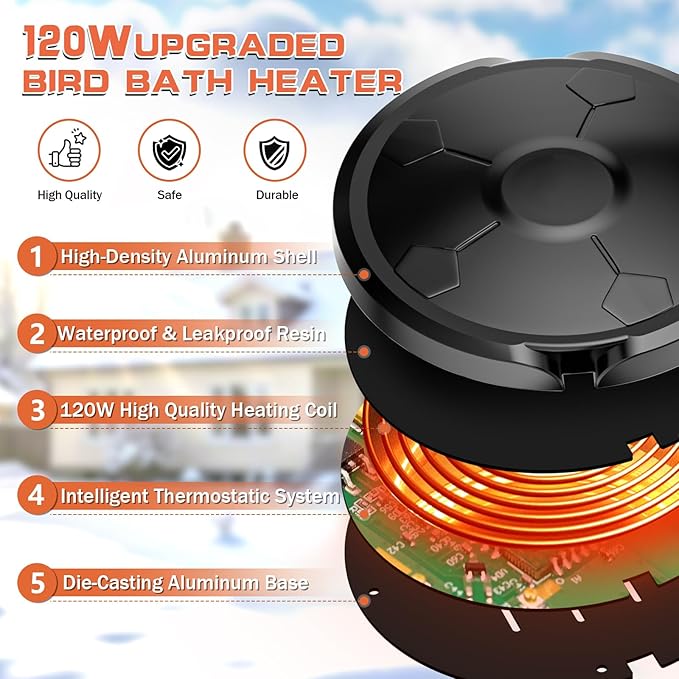 Daoeny Bird Bath Heater, 120W Bird Bath Heaters for Outdoors in Winter, Birdbath Water Heater Full-Covered Aluminum, Heated Bird Bath Pond Deicer Thermostatically Control for Patio Yard Farm (Black)