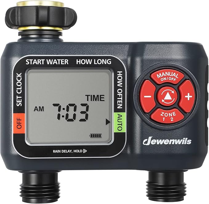 DEWENWILS 2-Zone Water Hose Timer – Programmable Sprinkler Timer with Rain Delay, Manual Watering & Auto Irrigation for Garden, Yard, or Lawn