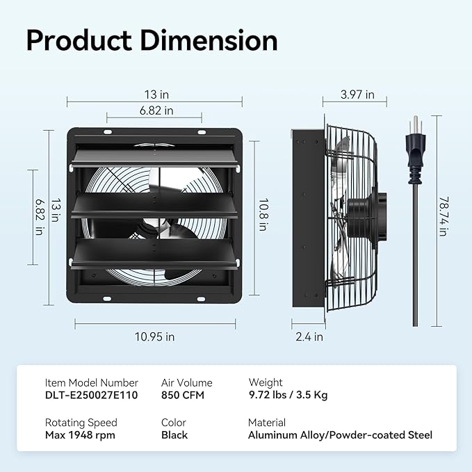 addlon 10 Inch Shutter Exhaust Fan Wall Mounted with EC Motors and Remote Control, Timer, 8 Speeds, 850CFM, Low Noise, Easy to Install, Plug in Ventilation Fan for Garages, Shops, Greenhouse, Attic