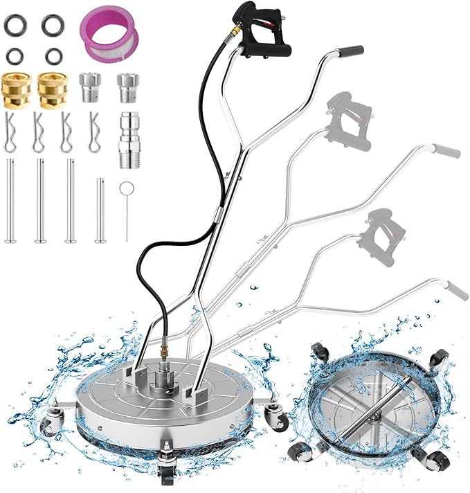 24" Pressure Washer Surface Cleaner with 304 Industrial-Grade Stainless Steel Housing, Dual Handle, Driveway Pressure Washer Attachment, 2 Replacement Nozzles, for Concrete, Sidewalk, Deck, 4000 PSI