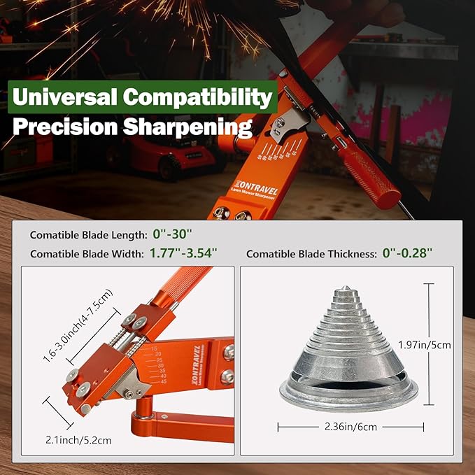 Upgraded Lawn Mower Blade Sharpener with Ball Bearing Handle and 15°-45° Adjustable Frame, for Straight & Standard Lawn Mower Blades,Lawnmower Blade Sharpener Kit with Metal Blade Balancer,5005,Orange