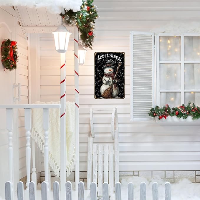 Tin Signs Let It Snow Snowman Metal Sign Snowflakes Winter Aluminum Sign for Farmhouse Outdoor Yard Home Kitchen Office 12×8 Inch